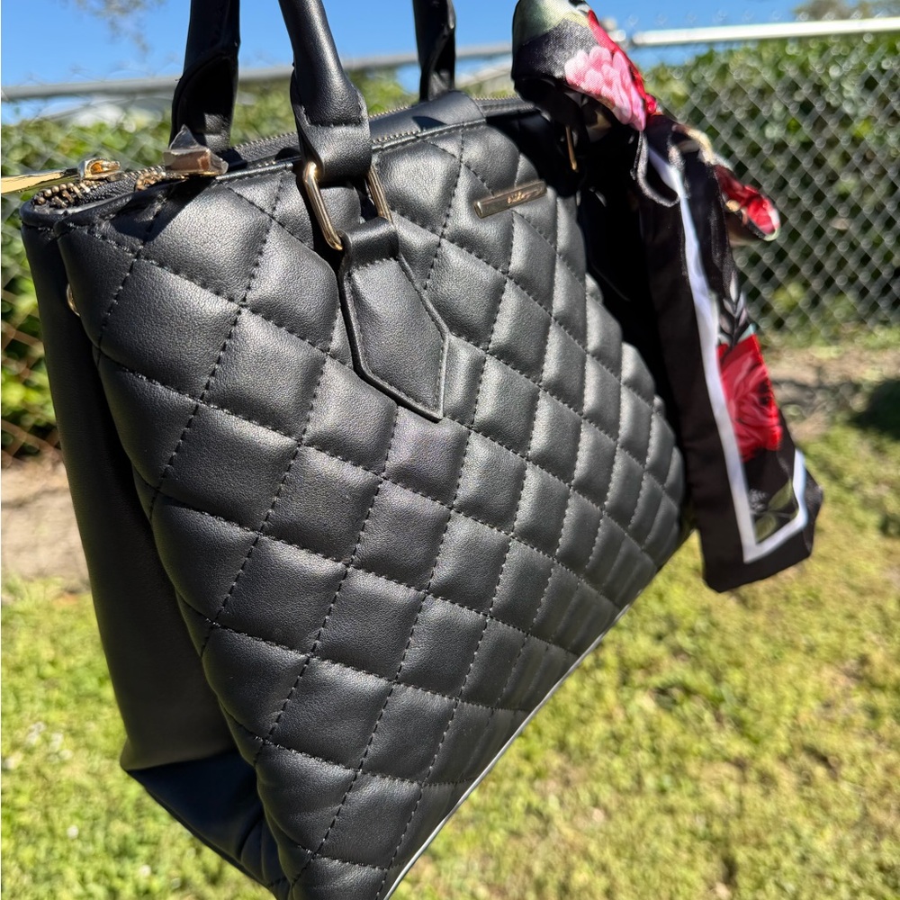 ALDO Black Quilted Shoulder Bag with Floral Scarf - Picture 7 of 14
